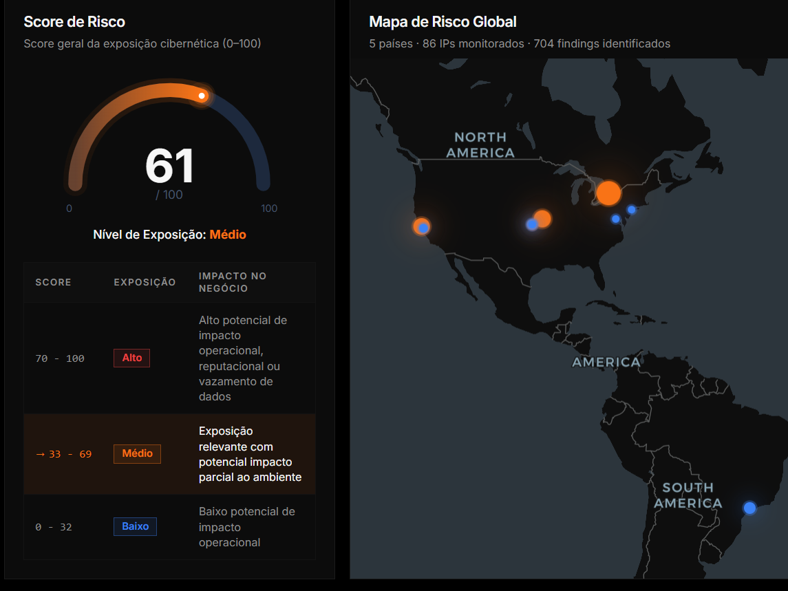 Lion Focus — executive dashboard with the cyber exposure score and global risk map