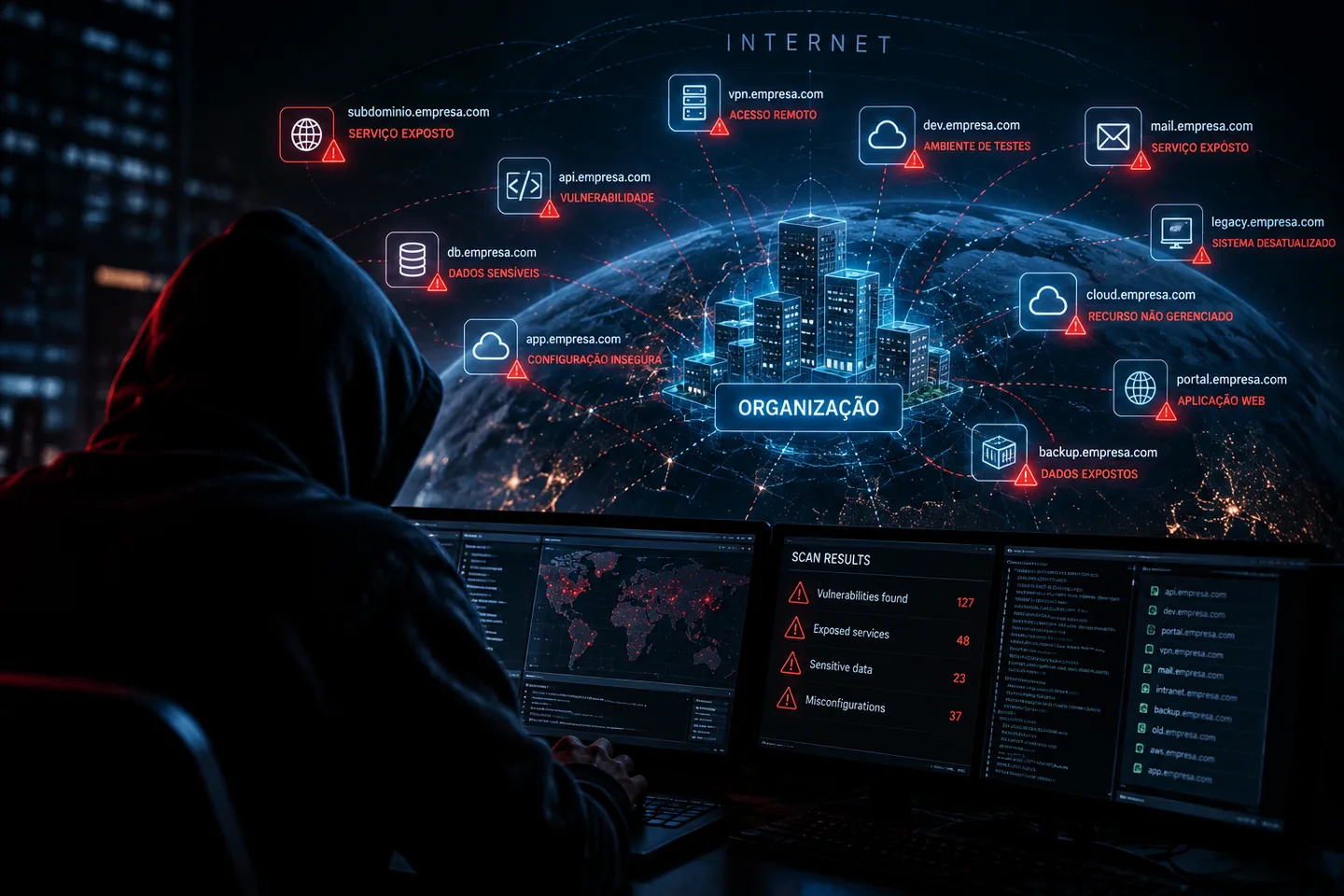 Atacante diante de monitores mapeando domínios, APIs e serviços expostos de uma organização a partir da Internet